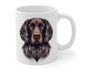 Könnte beinhalten: Weiße Keramiktasse mit einer detaillierten Illustration eines Hundekopfes. Der Hund hat braunes Fell mit blauen und goldenen Highlights. Die Tasse hat einen gebogenen Griff und eine glänzende Oberfläche, geeignet für heiße oder kalte Getränke.
