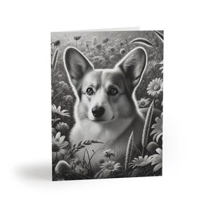 Lot de 8 cartes de voeux artistiques fleurs N&B Corgi Dog - beau sentiment personnalisable pour animal de compagnie, cadeau pour amoureux des chiens, merci, sympathie, vacances
