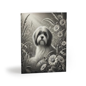 Lot de 8 cartes de voeux artistiques fleurs noir et blanc pour chien shih tzu - sentiment personnalisable pour animal de compagnie, beau cadeau pour amoureux des chiens, merci, sympathie, vacances