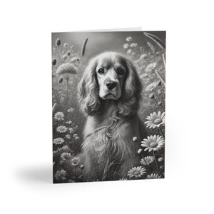 Lot de 8 cartes de voeux artistiques fleur cocker spaniel chien noir et blanc - sentiment personnalisable pour animal de compagnie, cadeau pour amoureux des chiens, merci, sympathie, vacances