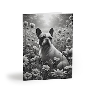 French Bulldog Artistic B&W Flower Greeting Card Set of 8 - Customizable Pet Sentiment, Dog Lover Gift, Thank You, Sympathy, Holiday