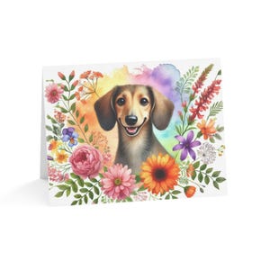 Juego de 10 tarjetas de felicitación con diseño de perro salchicha con flores personalizadas: diversión única, ideal para amantes de las mascotas, ocasiones especiales, deseos de cumpleaños y agradecimientos.
