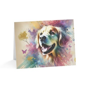 Juego de 10 tarjetas de felicitación con diseño de perro Golden Retriever personalizado con salpicaduras artísticas. Ideal para amantes de las mascotas, ocasiones especiales, cumpleaños y regalos.