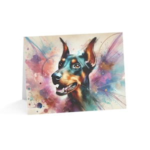 Juego de 10 tarjetas de felicitación con diseño de perro Doberman Pinscher personalizado con salpicaduras artísticas: ideal para amantes de las mascotas, ocasiones especiales, deseos de cumpleaños y agradecimientos.