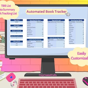 Könnte beinhalten: Ein Computerbildschirm zeigt eine automatisierte Buch-Tracker-Tabelle. Der Bildschirm zeigt Daten zu gelesenen Büchern, Genres und Lesefortschritten. Eine rosa Tastatur, Maus und Bücher befinden sich vor dem Monitor. Die Wörter "TBR List Data Summary Book Tracking List" sind sichtbar.