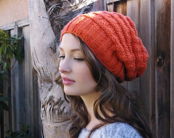 Burnt Orange Slouchy Knit Beanie. Handmade Knit Slouchy Hat  display picture 1