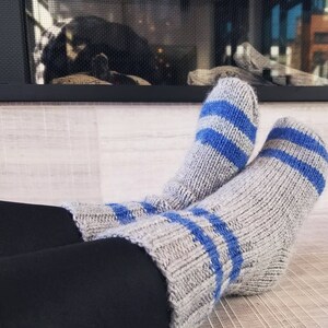 Knit Socks for Women. Knitted Striped Socks. Grey and Blue Socks. Knitted Socks. Stocking Stuffers. Gift for Her. Christmas Gift image 2