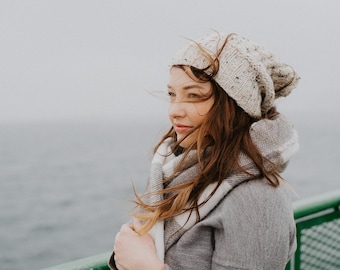 Slouchy Knit Beanie. Heathered Textured Off White Beanie. Women Winter Knit Beanie. Fall Knit Slouchy Hat. Back To School Gift. Fall Hat