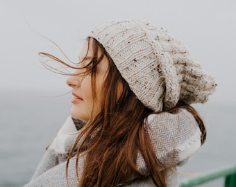 Slouchy Knit Beanie. Heathered Textured Off White Beanie. Women Winter Knit Beanie. Winter Knit Slouchy Hat. Christmas Gift for Her