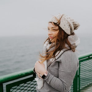 Slouchy Knit Beanie. Heathered Textured Off White Beanie. Women Winter Knit Beanie. Winter Knit Slouchy Hat. Christmas Gift for Her image 2