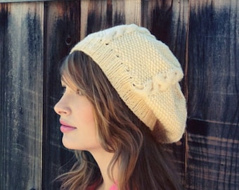 Winter Beret Hat. White Fall Slouchy Hat. Braided Knit Hat Beanie. Knit Hat. Knit Beret. Christmas Gift. Fall Hat for Women. Fall Hat