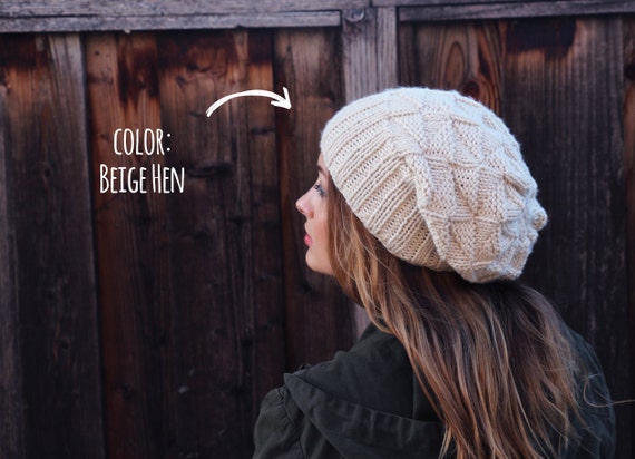 Off White Knit Slouchy Beanie. Cream Slouch Knit Hat. Winter  display picture 1