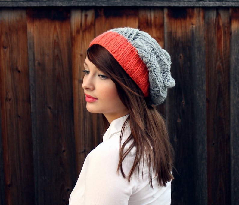 Coral Slouchy Beanie Color Block. Winter Knit Beanie. Coral Gray Knit Hat. Gift. Women Winter Hat. Hats for Women. Fall Color Block Beanie. image 1