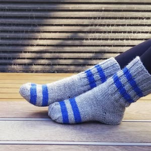 Knit Socks for Women. Knitted Striped Socks. Grey and Blue Socks. Knitted Socks. Stocking Stuffers. Gift for Her. Christmas Gift image 1