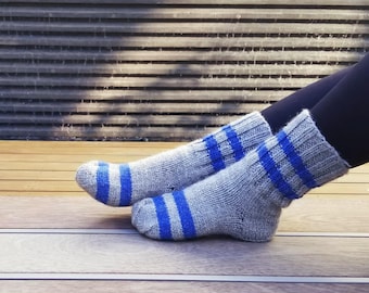 Knit Socks for Women. Knitted Striped Socks. Grey and Blue Socks. Knitted Socks. Stocking Stuffers. Gift for Her. Christmas Gift