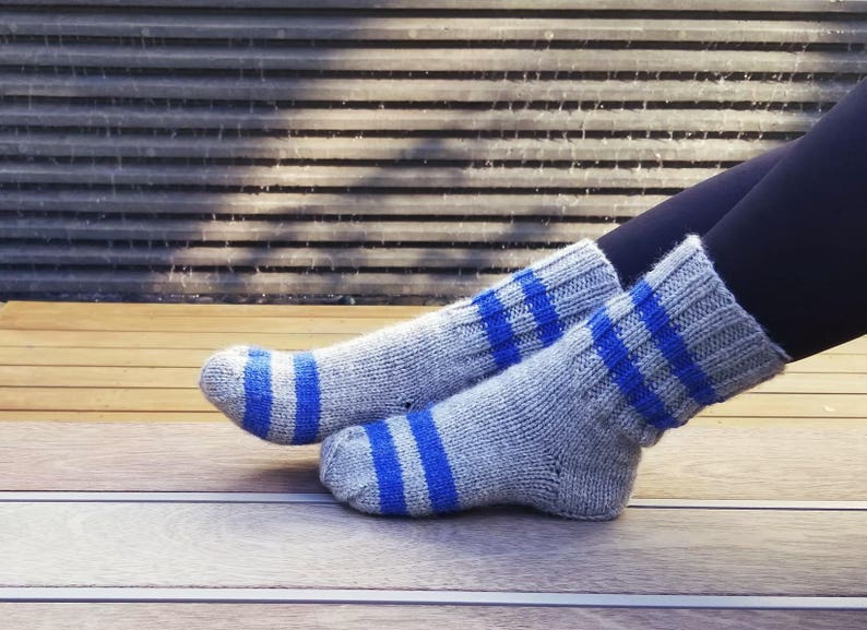Knit Socks for Women. Knitted Striped Socks. Grey and Blue Socks. Knitted Socks. Stocking Stuffers. Gift for Her. Christmas Gift image 1