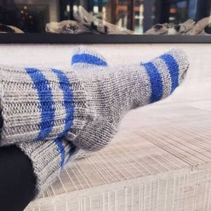 Knit Socks for Women. Knitted Striped Socks. Grey and Blue Socks. Knitted Socks. Stocking Stuffers. Gift for Her. Christmas Gift image 3