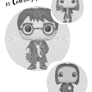 May include: Black and white coloring pages featuring stylized illustrations of characters. The image includes the text "15 Coloring pages" and decorative swirls. The illustrations are created using concentric circles.