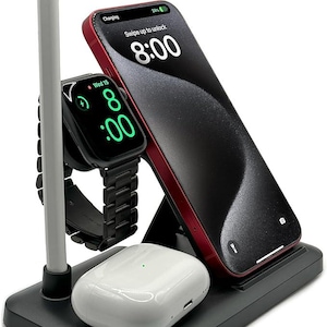 4-in-1 Fast Wireless Charging Station for iPhone, Apple Watch, AirPods & Pencil. Foldable stand, black. Compatible with multiple models