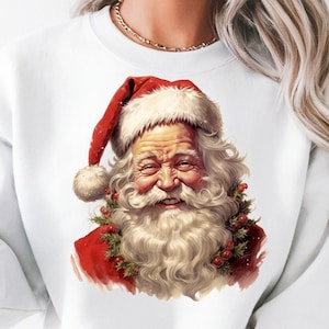 Vintage 1950s Papai Noel PNG Clipart Retro Natal Papai Noel, Chapéu Vermelho, Holly Berry, Arte de Natal de meados do século, Download digital