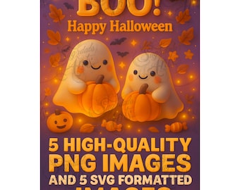 Ghost Clipart Set | Kawaii Halloween PNG, SVG (Digital Download)