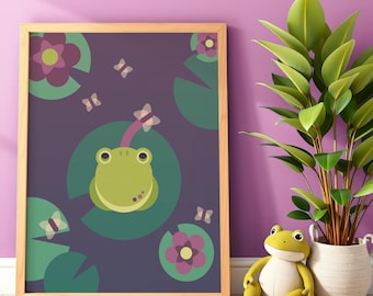 Colorful Frog Art Print | Lily Pad Pond Nursery Decor