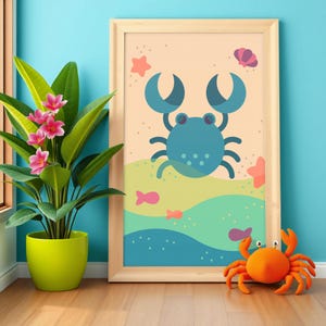 Ilustración de cangrejos coloridos para guarderías y salas de juegos / lindo póster de playa para habitaciones de niños