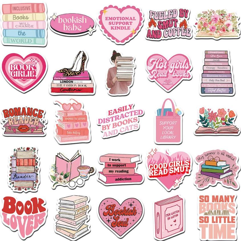 Pink Bookish Assorted Aesthetic Stickers | Book Lover Vinyl Sticker ...