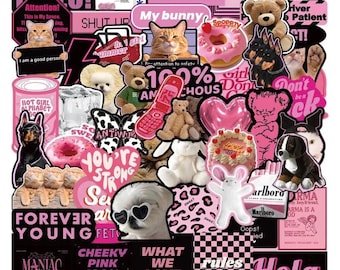 May include: A collection of pink and black stickers with various designs, including animals, hearts, text, and a donut. The stickers feature phrases like "Life Sweet", "My Bunny", "Hot Girl Alphabet", "You're Strong", "Forever Young", "Cheeky Pink 100%", "What We Love", and "Hola".