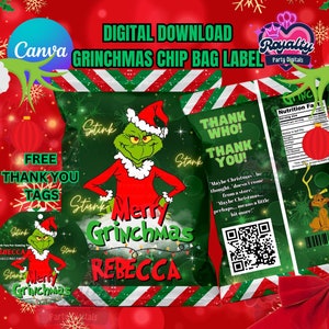 Envoltorio imprimible para bolsas de papas fritas de Navidad de El Grinch, bolsa de golosinas de El Grinch, bolsa de papas fritas de El Grinch, bolsa de golosinas de El Grinch, bolsa de dulces de El Grinch, 1 g