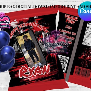 Red And Black Basketball & Music Birthday Chips Bag, Basketball Birthday, Basketball Party, Basketball Chips, Canva Template