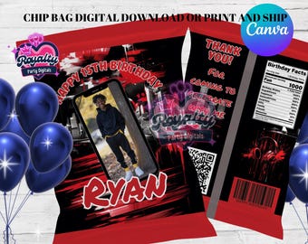 Red & Black Basketball Geburtstag Chip Bag Vorlage (Canva Editierbar)
