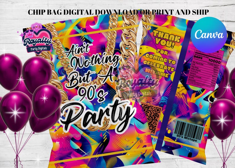 K&ouml;nnte beinhalten: Ein farbenfrohes Chipst&uuml;ten-Design im 90er-Jahre-Stil. Die T&uuml;te zeigt eine goldene Kette, geometrische Formen und den Text "Ain't Nothing But A 90's Party".