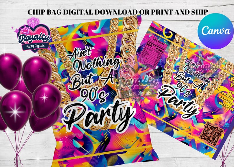 K&ouml;nnte beinhalten: Ein farbenfrohes Chipst&uuml;ten-Design im 90er-Jahre-Stil. Die T&uuml;te zeigt eine goldene Kette, einen leuchtend pinken, blauen und gelben Hintergrund und den Text "Ain't Nothing But A 90's Party".