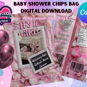 Rosa Babyparty-Chip-Tasche: Perlen & Ultraschallfoto (Canva Digital Download