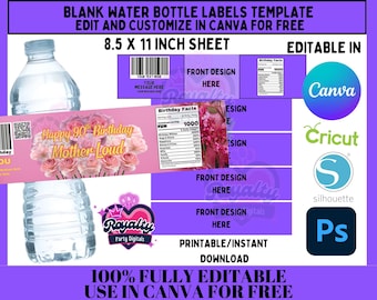Blank Water Bottle Template: Printable DIY Party Wrapper (editable in  Canva) - Etsy