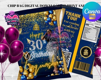 Blaue und goldene Geburtstagsparty-Chips-Beutelvorlage (Canva Editierbar)