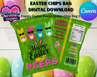 Easter Peeps Chip Bag Template: Green Party Favor (Canva Editable)
