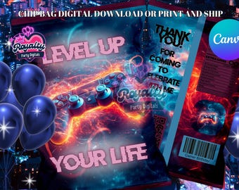 Gamer Geburtstag Chip Beutel Vorlage: Level Up Party Favor (Canva Editierbar)