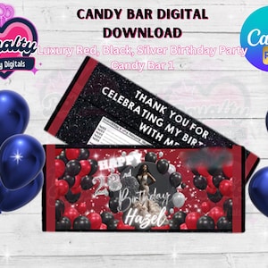 Luxury Red, Black, and Silver Birthday Party Candy Bar Wrapper (Canva Template)