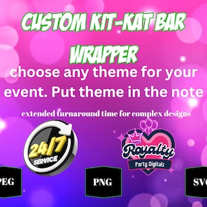 May include: Custom Kit-Kat Bar Wrapper design with text: "choose any theme for your event. Put theme in the note." Includes logos for 24/7 service and Royalty Party Digitals. File types: JPEG, PNG, and SVG.