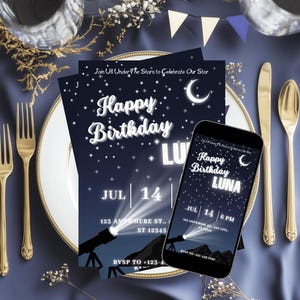 A Night Under The Stars Invitation, Printable Birthday Invitation, Moon Invitations, Star Invitations,  Canva Template, Instant Download