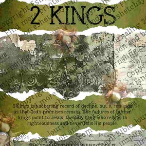 May include: A collage-style design featuring the text "2 Kings" in a bold, black font. The background is a mix of green, gray, and beige, with floral accents and script-like text. The Scarlet Thread Series Guide 12 is also visible.