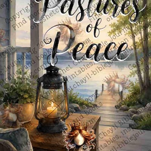 May include: A 60-page cutout and collage book titled Pastures of Peace, featuring a cover illustration of a lit lantern on a wooden table overlooking a lake, a wooden pier, and trees. The text includes the title and the author name Eshet Chayil.