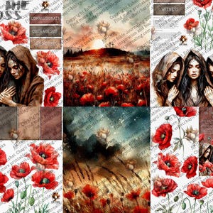 May include: A collection of watercolour illustrations featuring red poppies, women, and landscape scenes. Text includes "At the Cross," "Compassionate," "Courageous," and "Witness." The artwork has a vintage, artistic style.