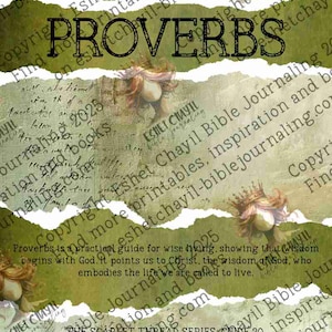 May include: A digital print featuring the word "PROVERBS" in a bold font, set against a textured background with torn paper effects and script. The design includes decorative elements and text from "The Scarlet Thread Series".