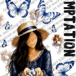 May include: A digital illustration featuring a person with long dark hair wearing a straw hat and a dark blue embroidered blouse, holding a blue and white butterfly. The text RECOGNIZE TEMPTATION is displayed alongside several blue butterflies.