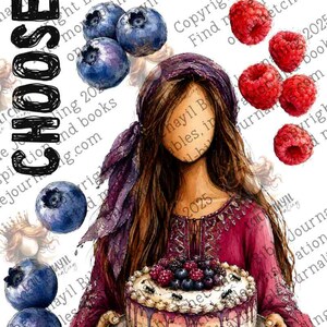 Könnte beinhalten: Eine digitale Illustration einer Person mit langem braunem Haar, die ein dunkelrotes Kleid und ein Kopftuch trägt und einen mit Blaubeeren und Himbeeren belegten Kuchen hält. Der Text CHOOSE DILIGENCE ist zu sehen, umgeben von Beeren und Ameisen.