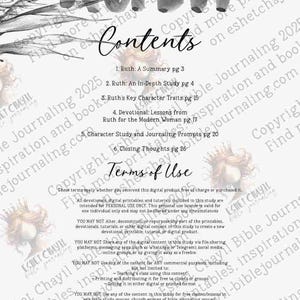 Op de afbeelding: Digitale print met de titel "Ruth" en een inhoudsopgave. Het ontwerp bevat tarwe-illustraties en tekst. De inhoud omvat een samenvatting, een diepgaande studie, karaktereigenschappen, lessen en journaling-prompts.