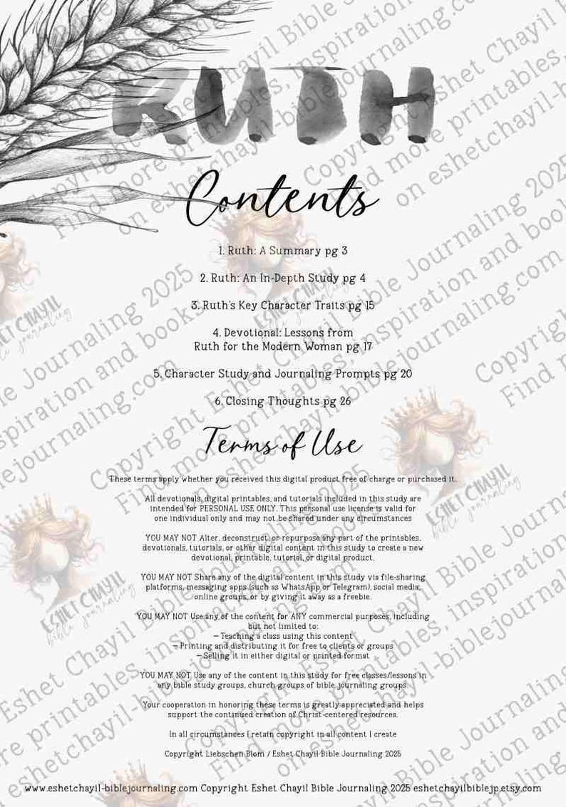 Op de afbeelding: Digitale print met de titel "Ruth" en een inhoudsopgave. Het ontwerp bevat tarwe-illustraties en tekst. De inhoud omvat een samenvatting, een diepgaande studie, karaktereigenschappen, lessen en journaling-prompts.